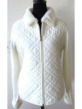 Effeci Vintage 90's Quilted Sweater Jacket Faux Fur Collar  White L  EUC